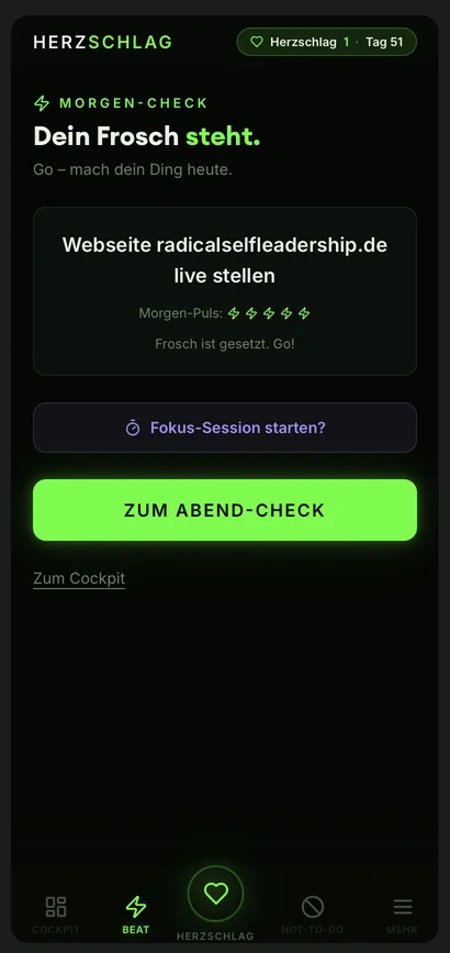 Frosch steht — Fokus-Session starten